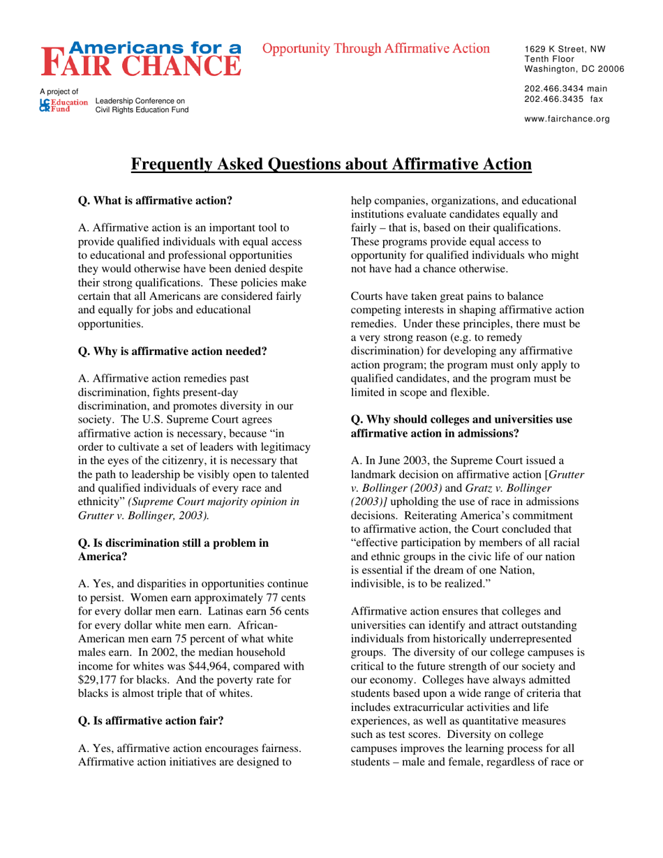 Affirmative Action Worksheet.pdf Affirmative Action Fact Sheets - Americans for a Fair Chance Download ...
