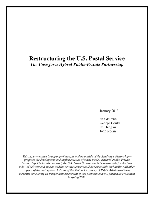 Image preview of the document "Restructuring the U.S. Postal Service - the Case for a Hybrid Public-Private Partnership