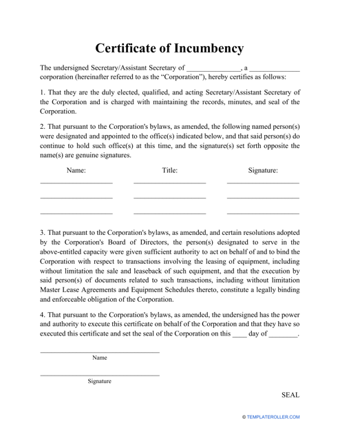 Certificate of Incumbency Template