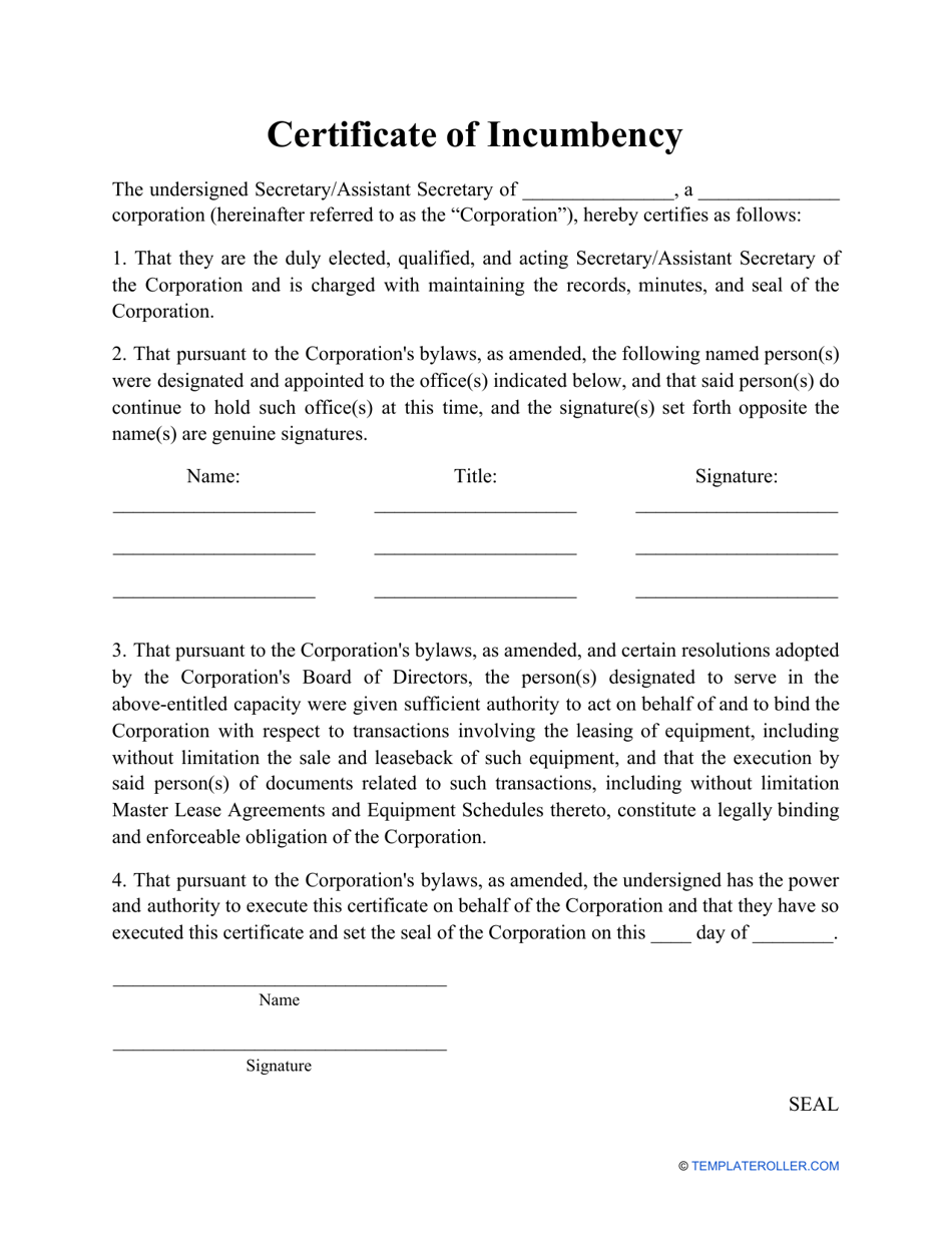Certificate of Incumbency Template, Page 1