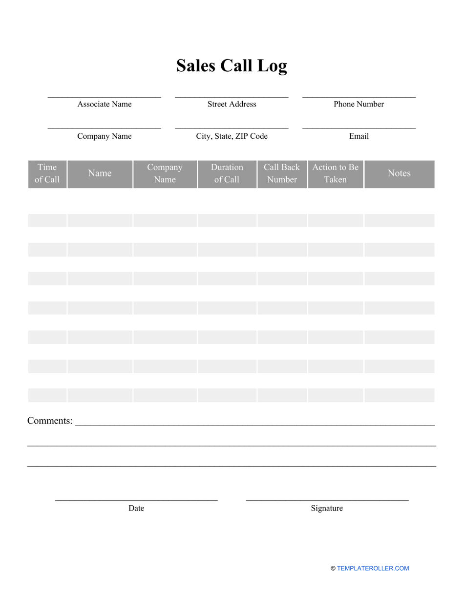 Sales Call Log Template, Page 1