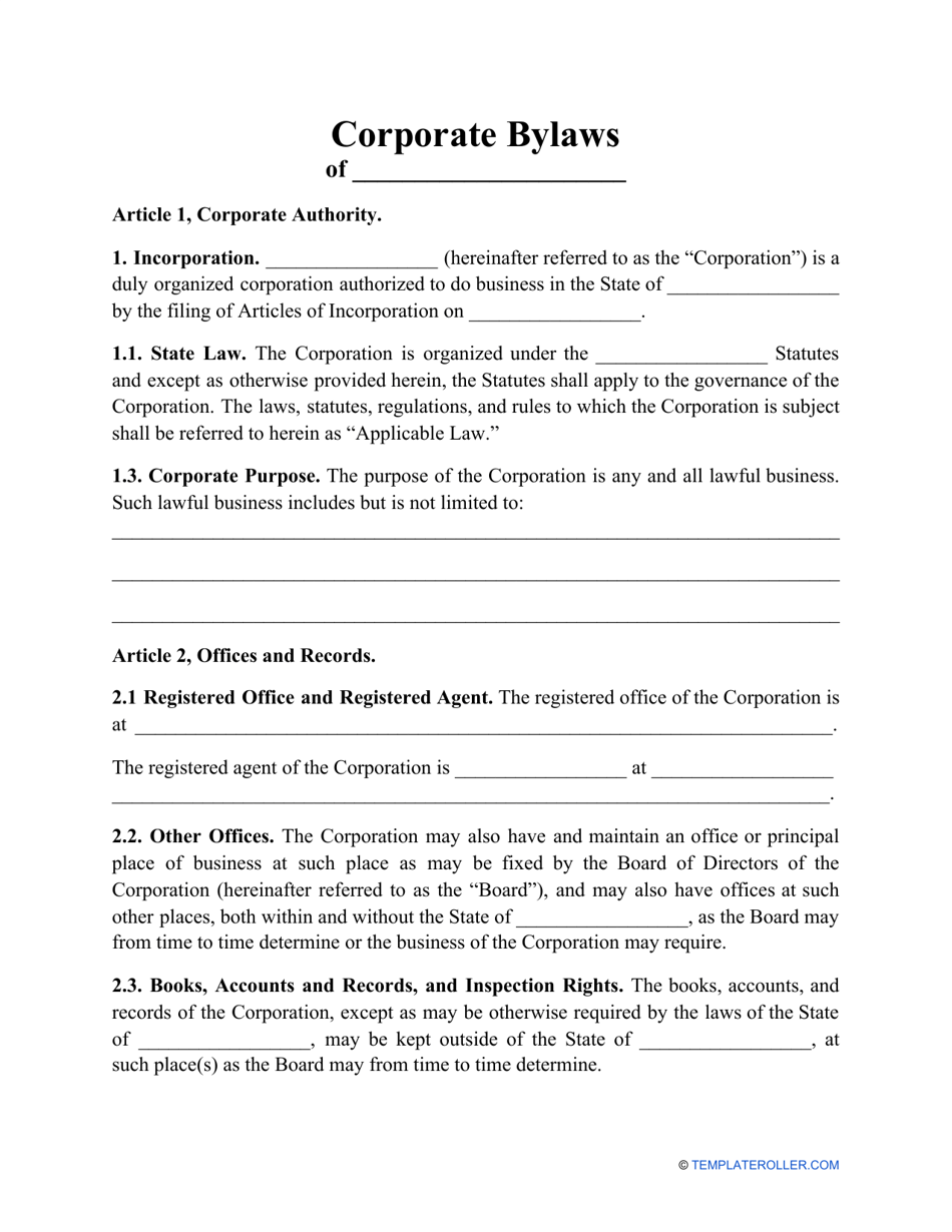 Corporate Bylaws Template, Page 1