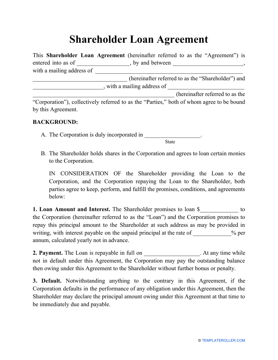 Shareholder Loan Agreement Template, Page 1