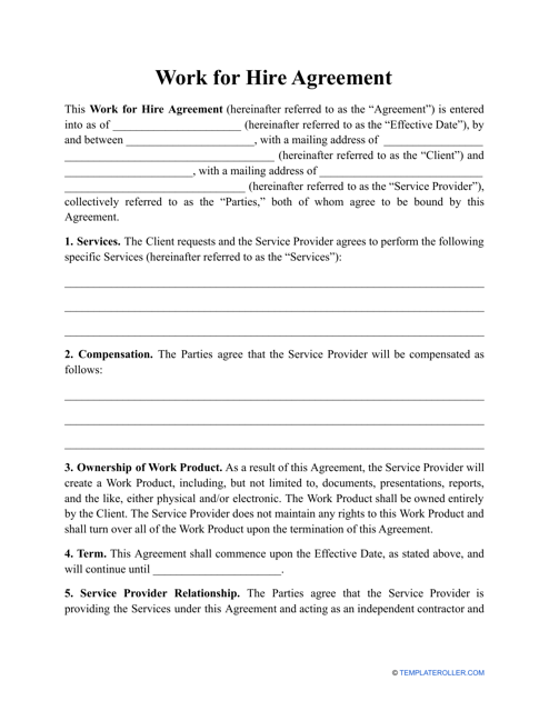 Work for Hire Agreement Template Download Pdf