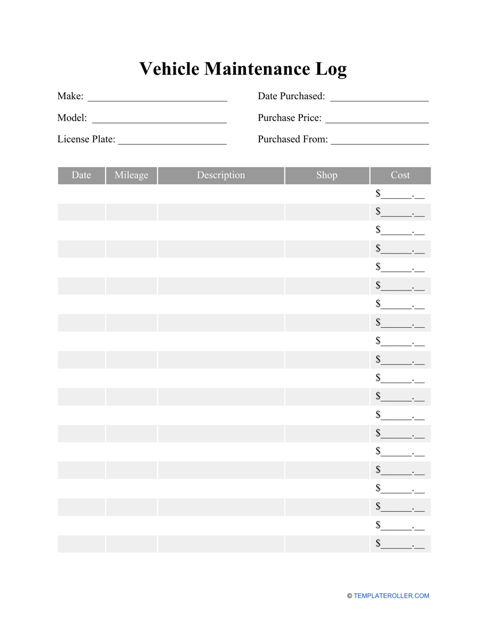 Vehicle Maintenance Log Template Preview