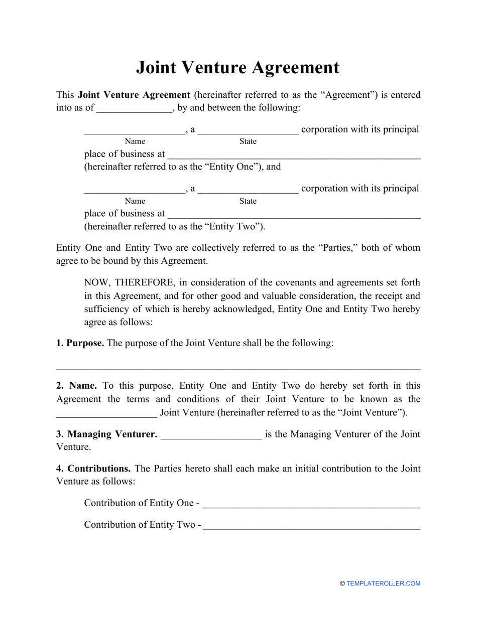 Joint Venture Agreement Template, Page 1
