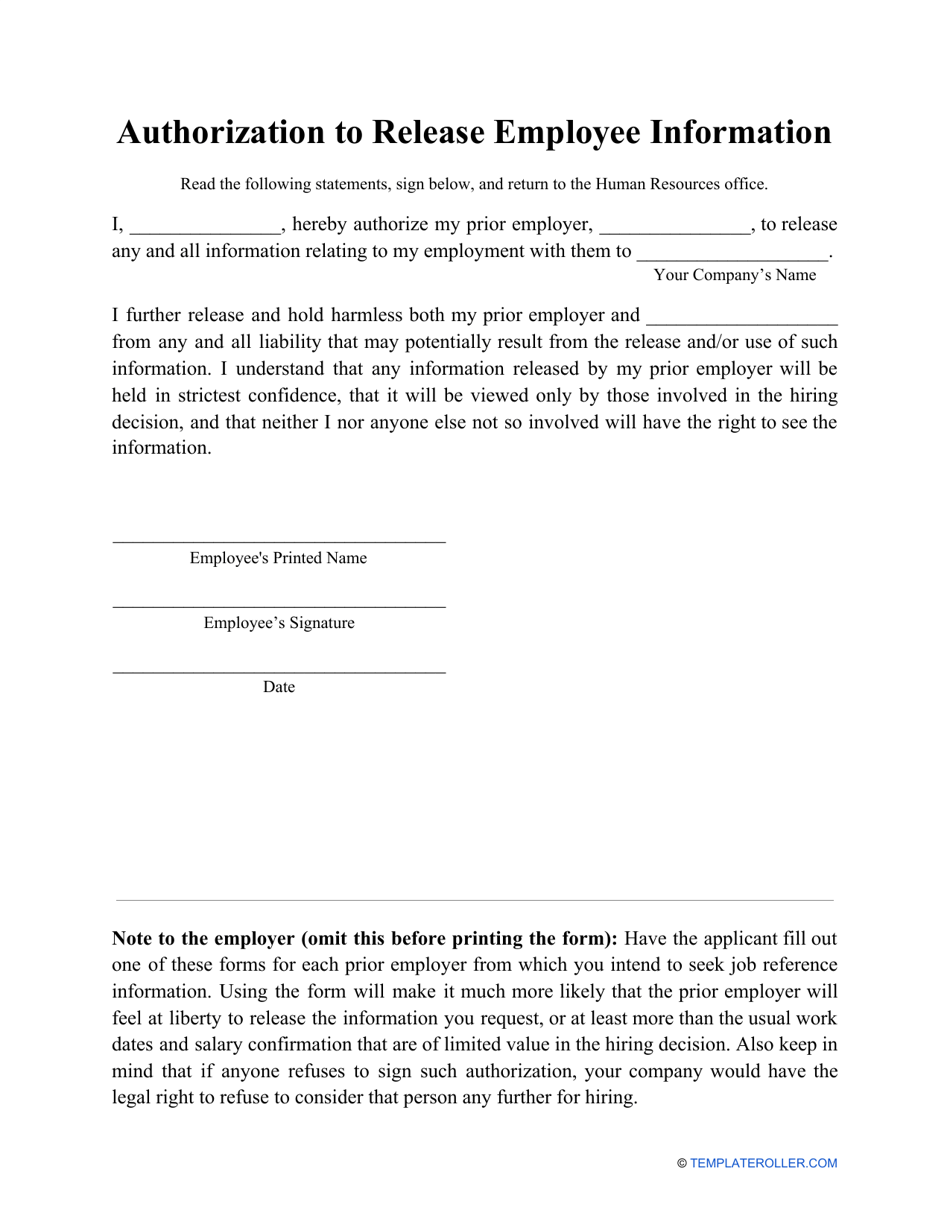 Authorization to Release Employee Information Form, Page 1