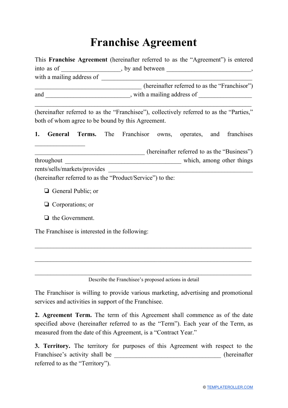 Franchise Agreement Template, Page 1