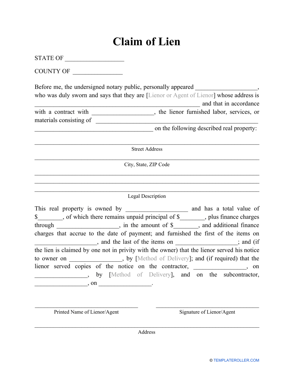 Claim of Lien Form, Page 1
