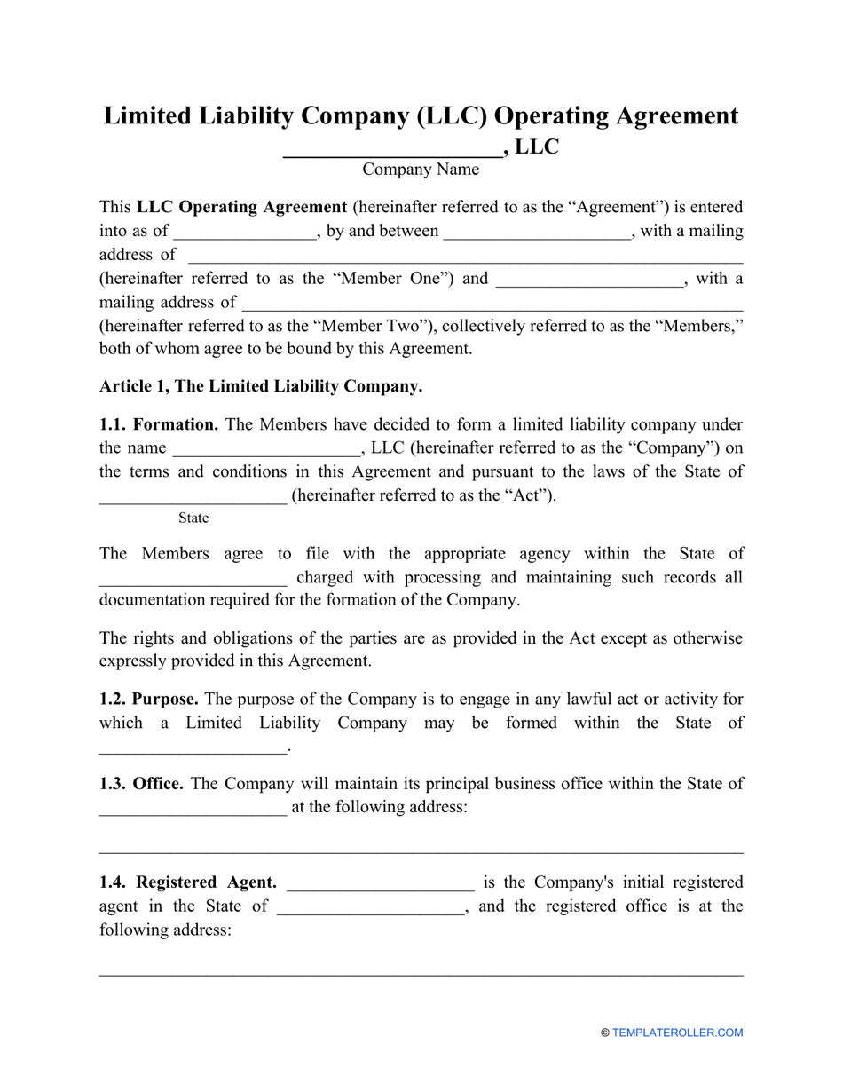 Limited Liability Company (LLC) Operating Agreement Template Download