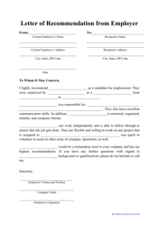 Document preview: Letter of Recommendation From Employer Template