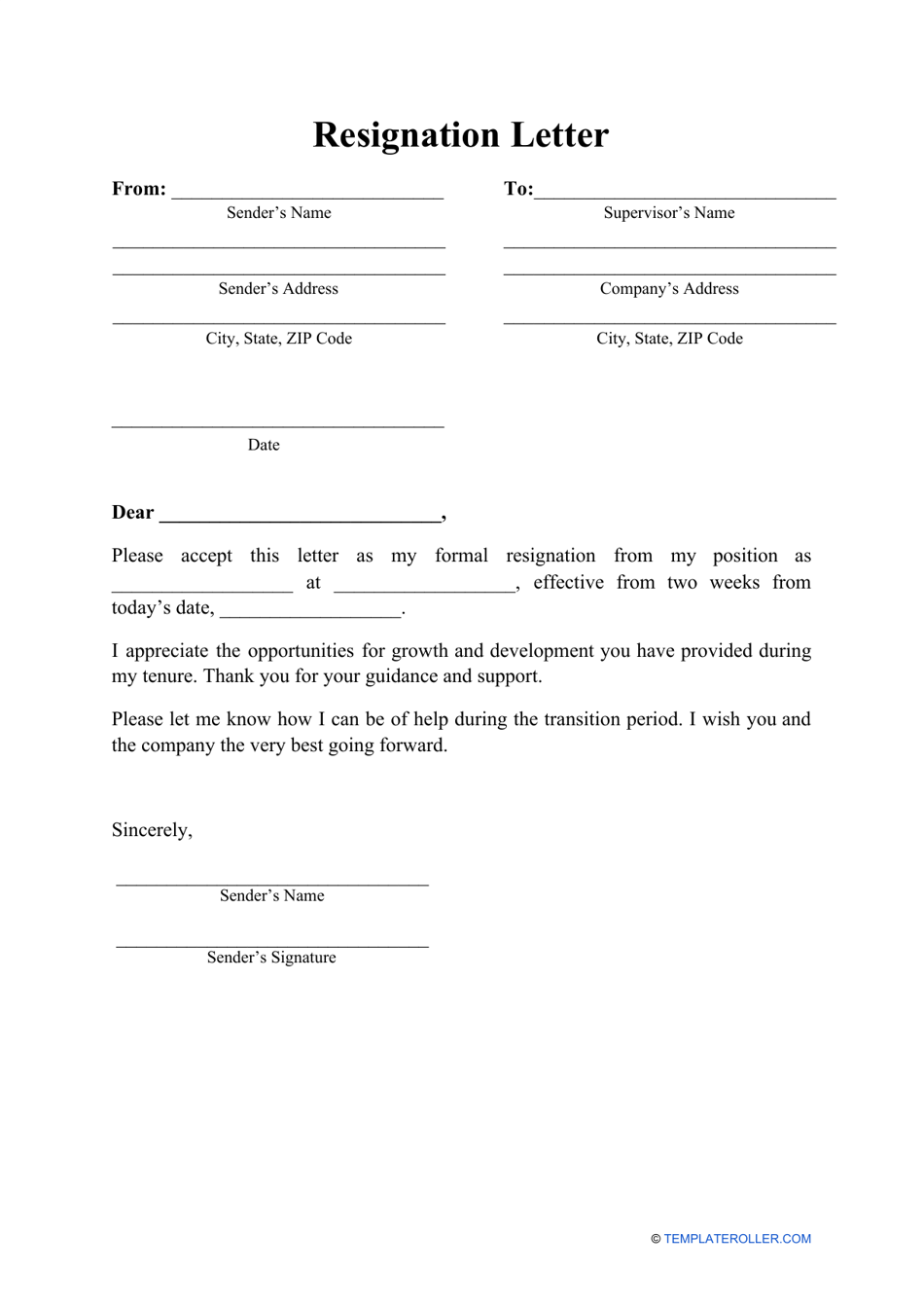 Free Fillable Resignation Letter