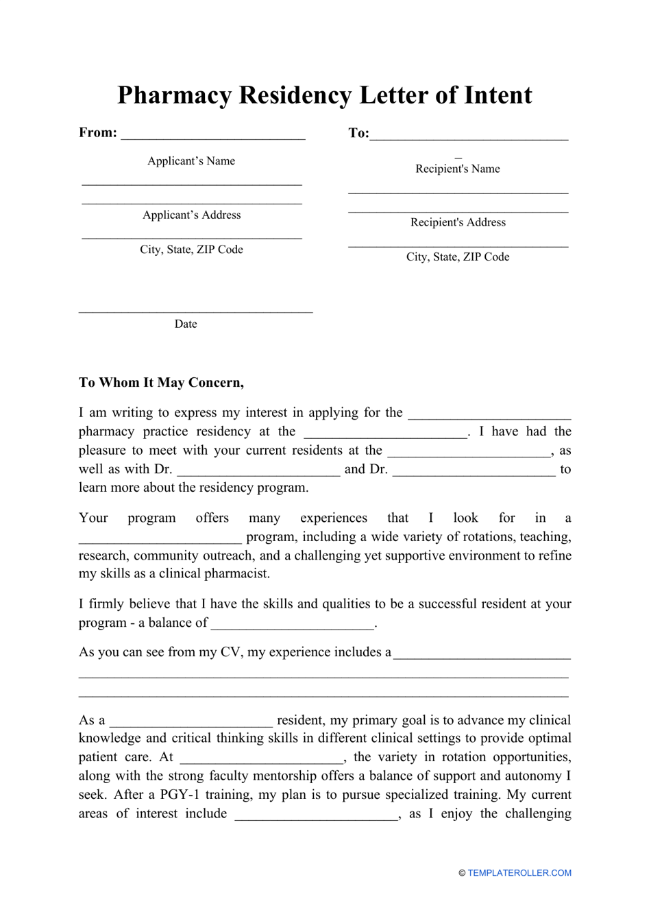 Pharmacy Residency Letter of Intent Template Preview Image