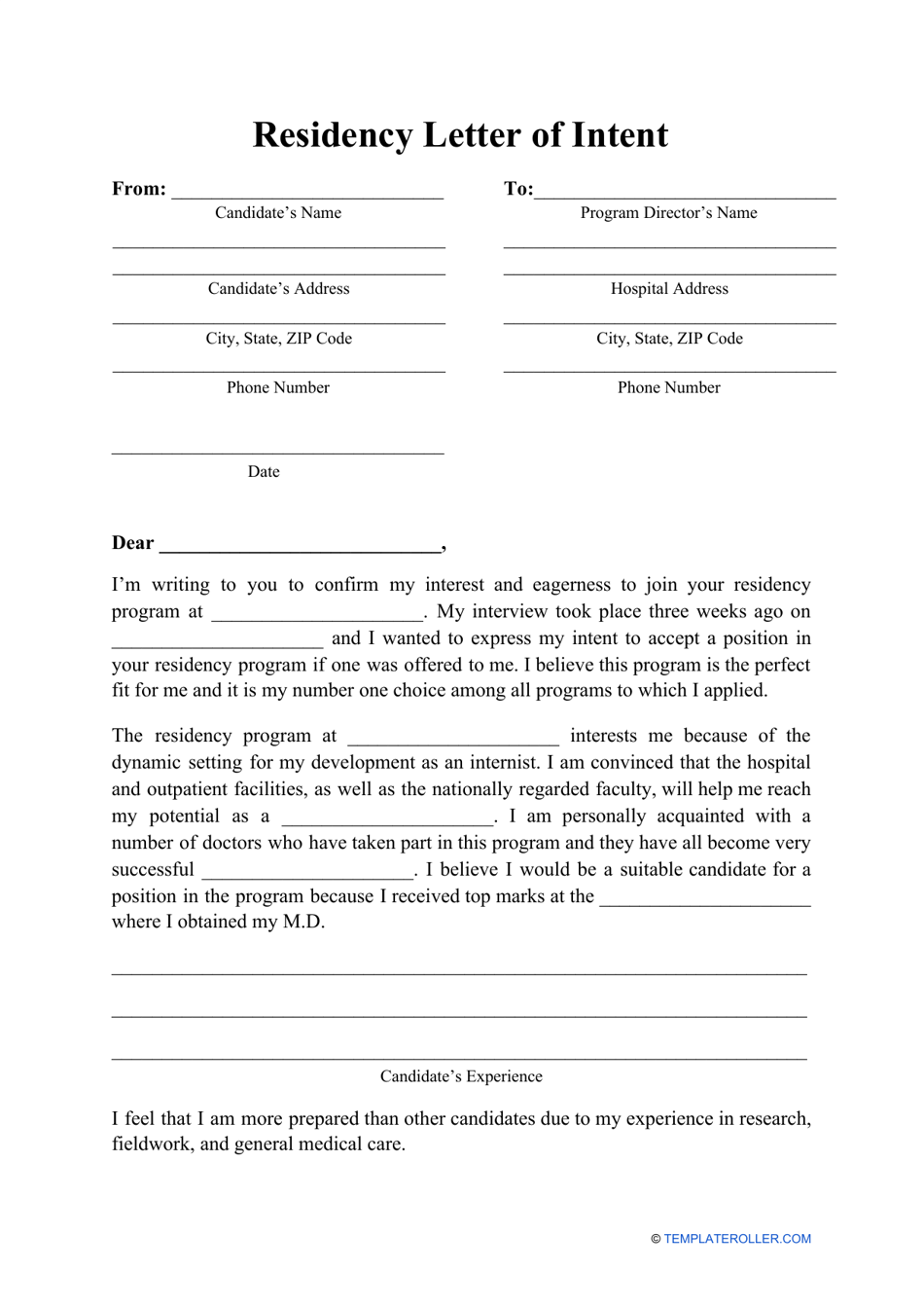Residency Letter of Intent Template Download Printable PDF
