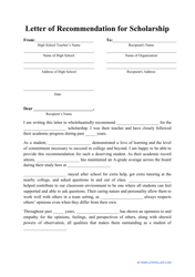 Document preview: Letter of Recommendation for Scholarship Template