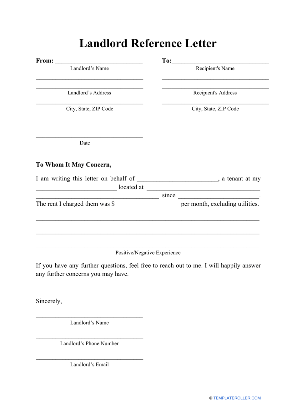 Landlord Reference Letter Template Download Printable PDF Templateroller