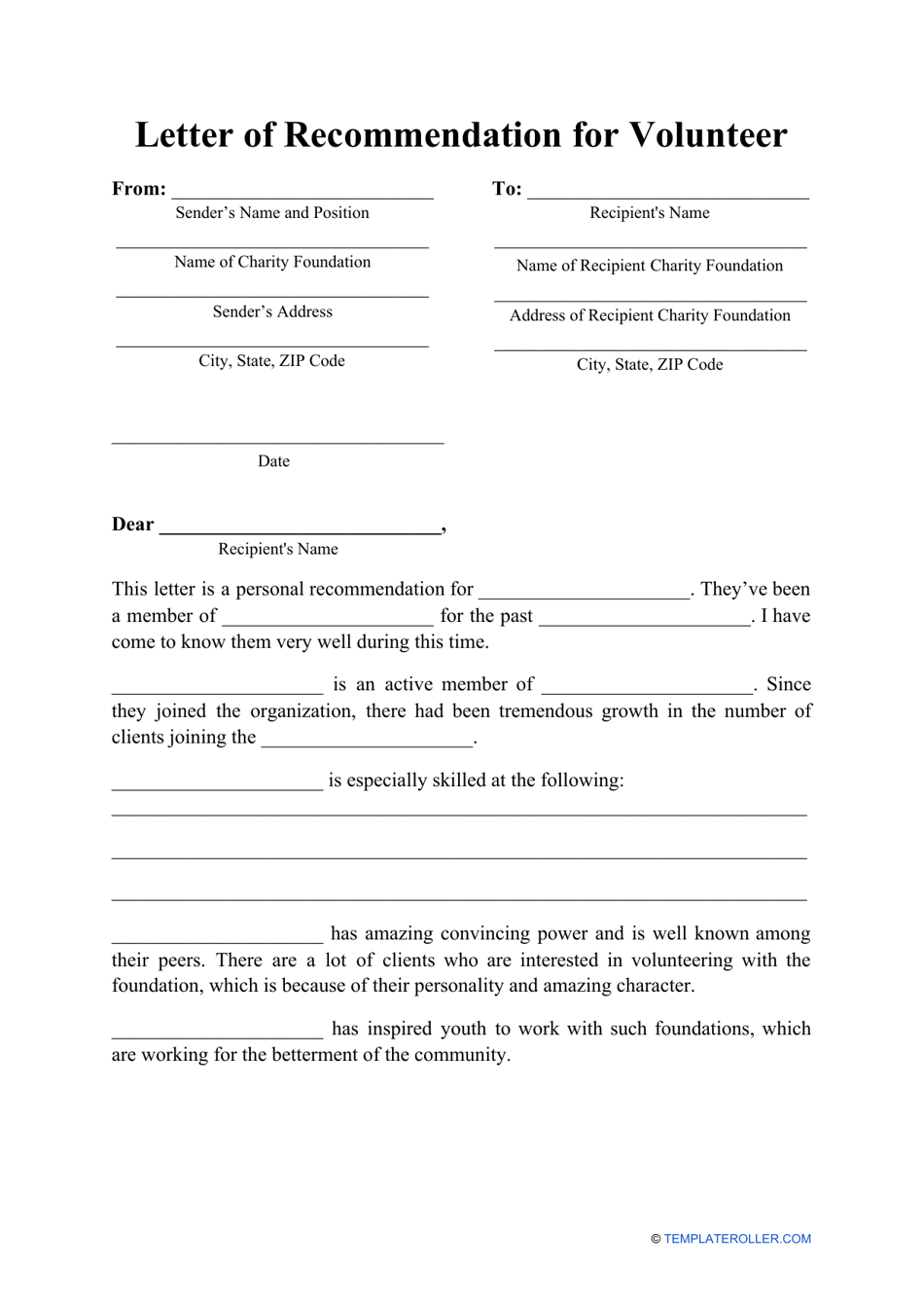 Letter of Recommendation for Volunteer Template Download Printable