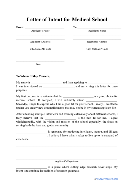 Medical School Letter of Intent Template
