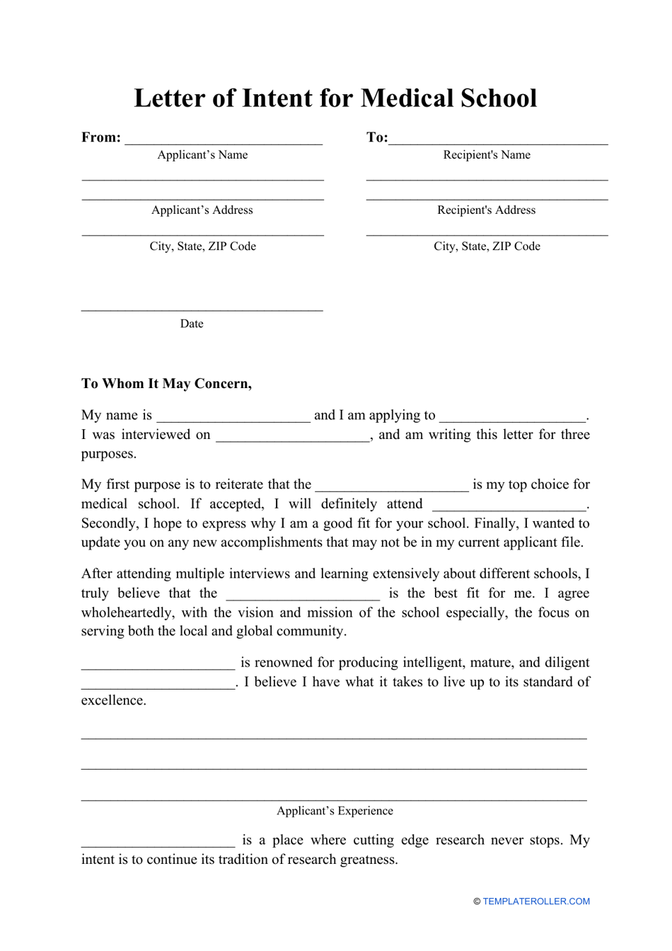 Medical school letter of intent template preview