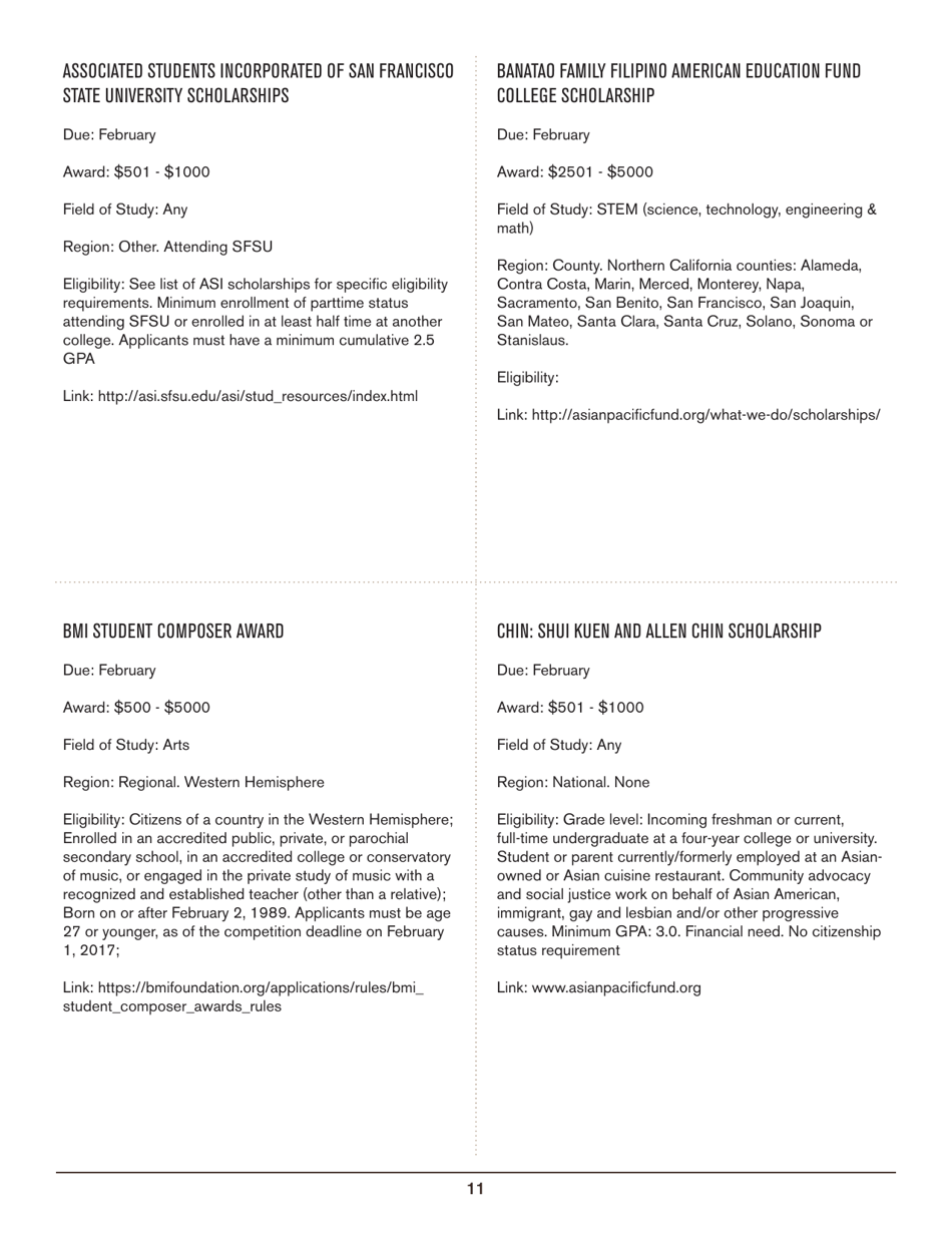 2016-2017 List of Undergraduate Scholarships That Dont Require Proof of U.S. Citizenship or Legal Permanent Residency, Page 11
