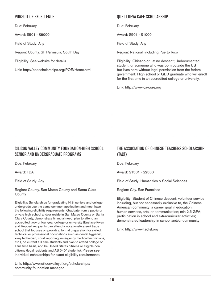 2016-2017 List of Undergraduate Scholarships That Dont Require Proof of U.S. Citizenship or Legal Permanent Residency, Page 15
