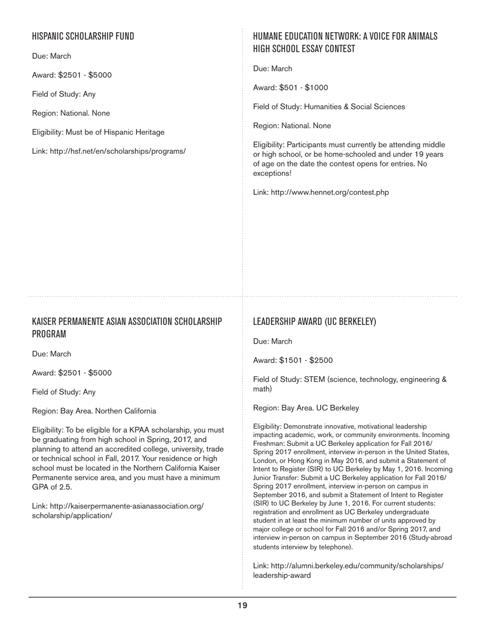 2016-2017 List of Undergraduate Scholarships That Dont Require Proof of U.S. Citizenship or Legal Permanent Residency, Page 19