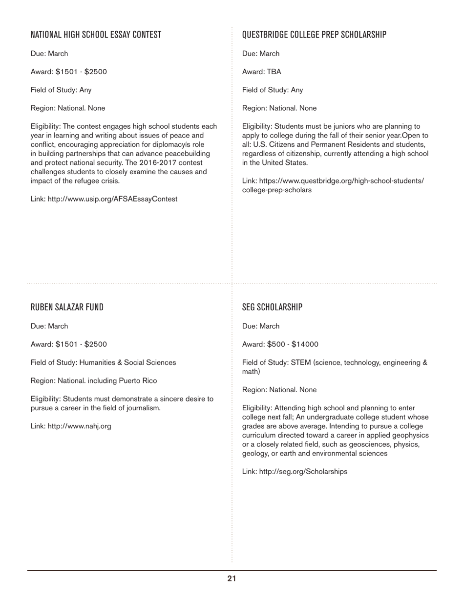 2016-2017 List of Undergraduate Scholarships That Dont Require Proof of U.S. Citizenship or Legal Permanent Residency, Page 21