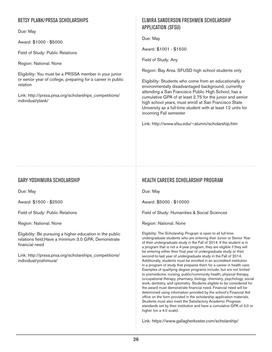 2016-2017 List of Undergraduate Scholarships That Dont Require Proof of U.S. Citizenship or Legal Permanent Residency, Page 26