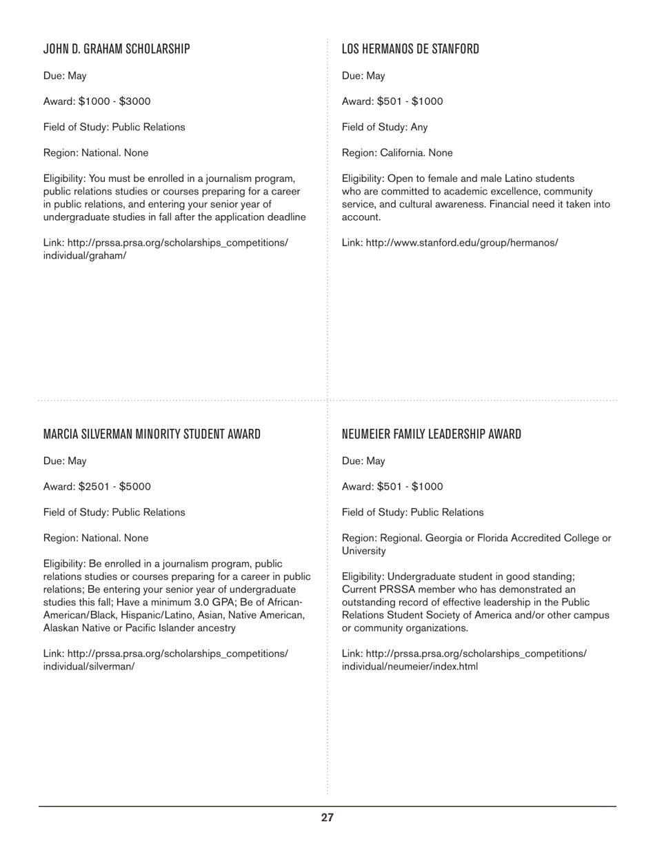 2016-2017 List of Undergraduate Scholarships That Dont Require Proof of U.S. Citizenship or Legal Permanent Residency, Page 27