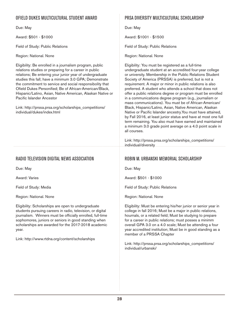 2016-2017 List of Undergraduate Scholarships That Dont Require Proof of U.S. Citizenship or Legal Permanent Residency, Page 28