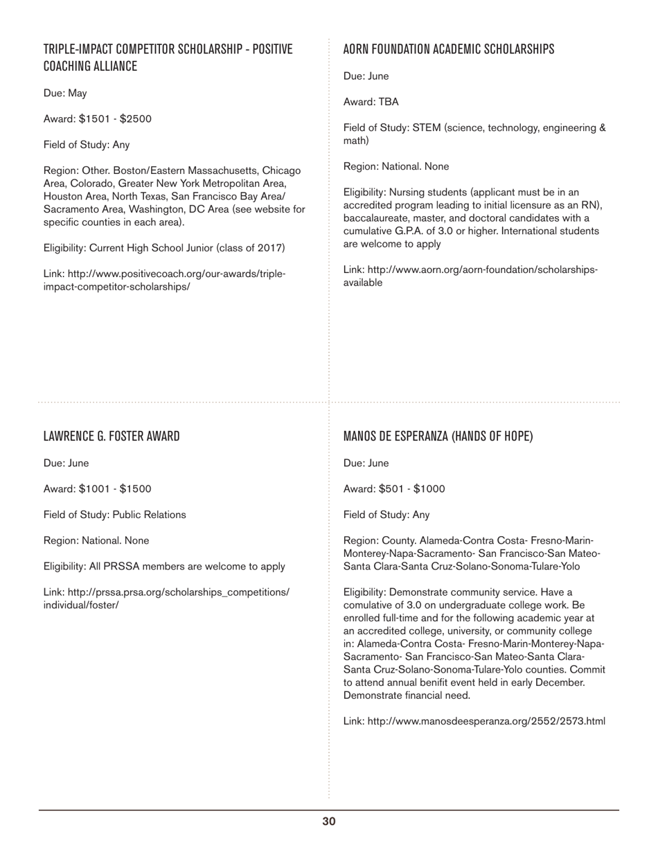 2016-2017 List of Undergraduate Scholarships That Dont Require Proof of U.S. Citizenship or Legal Permanent Residency, Page 30