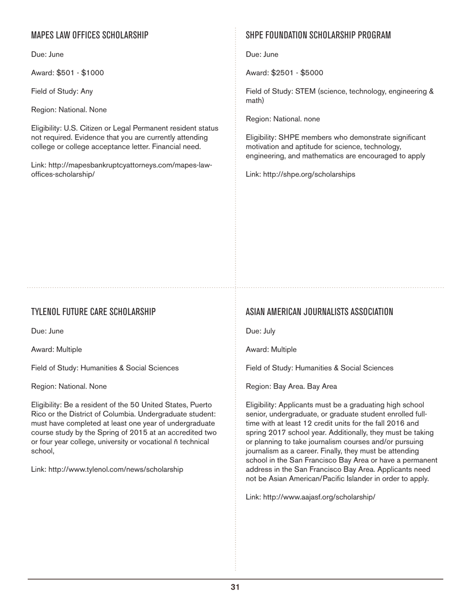 2016-2017 List of Undergraduate Scholarships That Dont Require Proof of U.S. Citizenship or Legal Permanent Residency, Page 31
