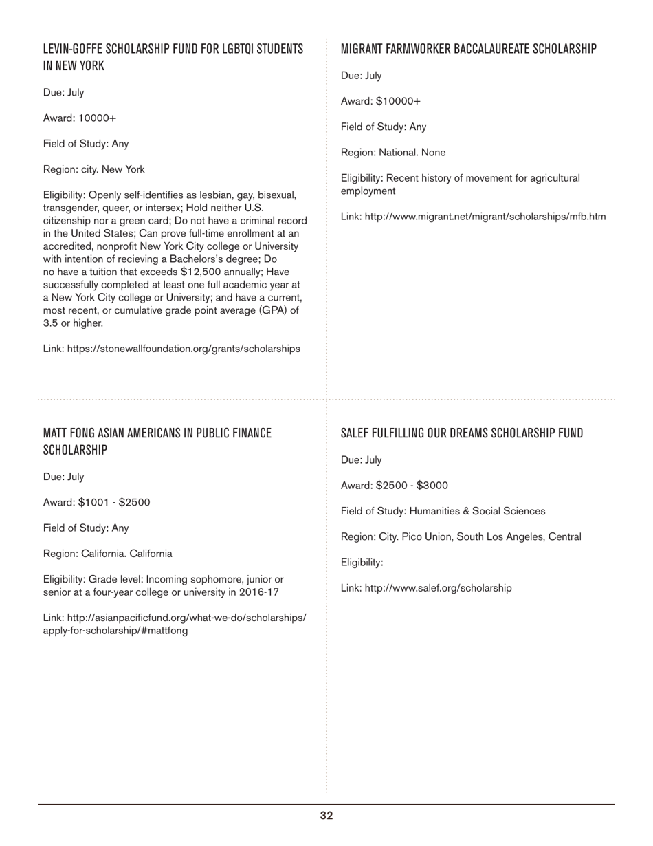 2016-2017 List of Undergraduate Scholarships That Dont Require Proof of U.S. Citizenship or Legal Permanent Residency, Page 32