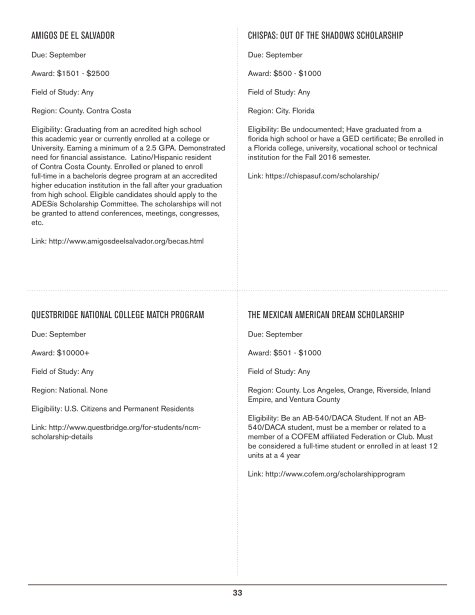2016-2017 List of Undergraduate Scholarships That Dont Require Proof of U.S. Citizenship or Legal Permanent Residency, Page 33