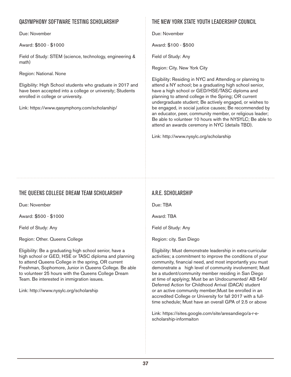 2016-2017 List of Undergraduate Scholarships That Dont Require Proof of U.S. Citizenship or Legal Permanent Residency, Page 37