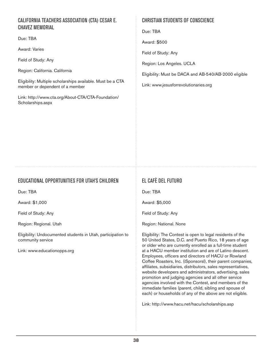 2016-2017 List of Undergraduate Scholarships That Dont Require Proof of U.S. Citizenship or Legal Permanent Residency, Page 38