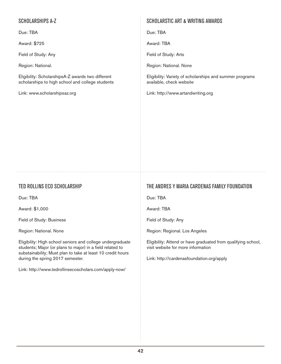 2016-2017 List of Undergraduate Scholarships That Dont Require Proof of U.S. Citizenship or Legal Permanent Residency, Page 42