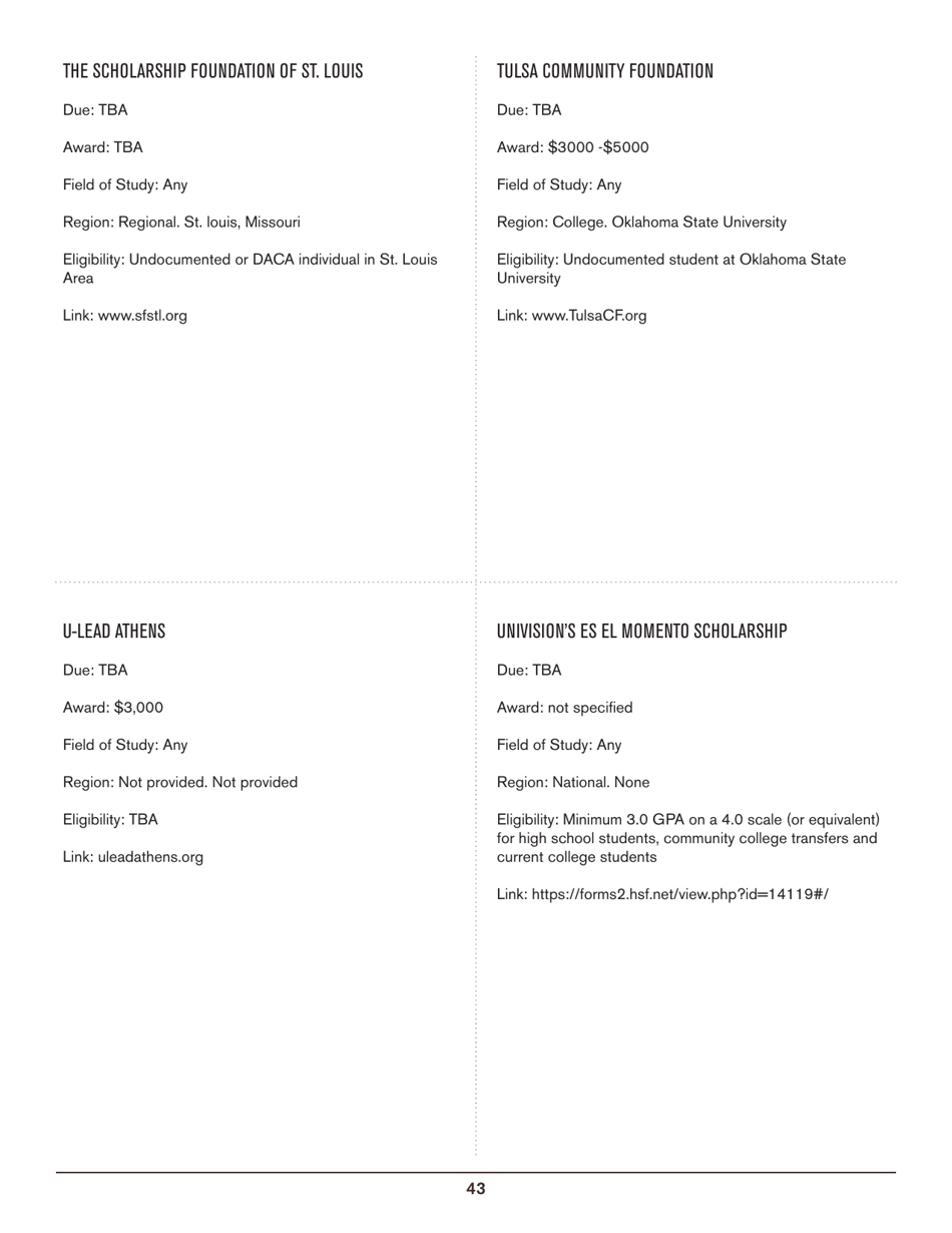 2016-2017 List of Undergraduate Scholarships That Dont Require Proof of U.S. Citizenship or Legal Permanent Residency, Page 43