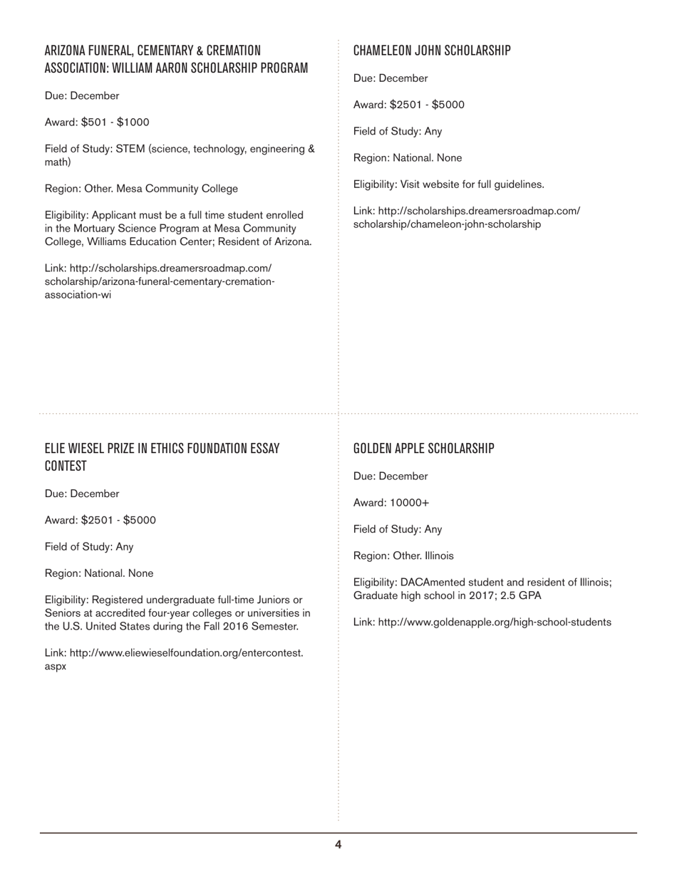 2016-2017 List of Undergraduate Scholarships That Dont Require Proof of U.S. Citizenship or Legal Permanent Residency, Page 4
