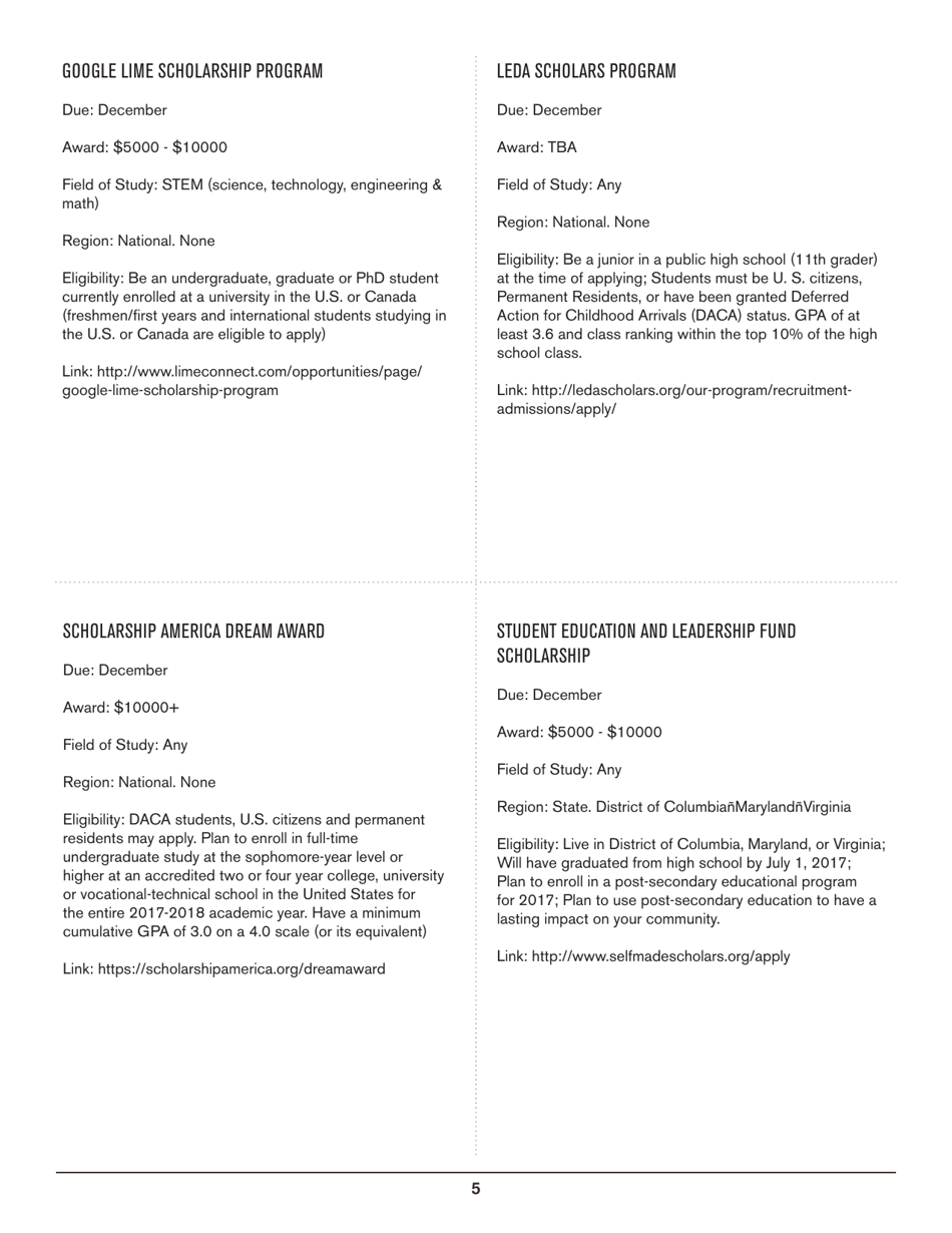 2016-2017 List of Undergraduate Scholarships That Dont Require Proof of U.S. Citizenship or Legal Permanent Residency, Page 5