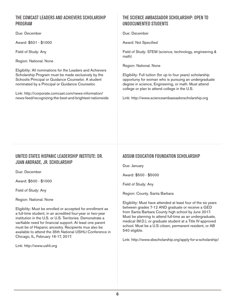 2016-2017 List of Undergraduate Scholarships That Dont Require Proof of U.S. Citizenship or Legal Permanent Residency, Page 6