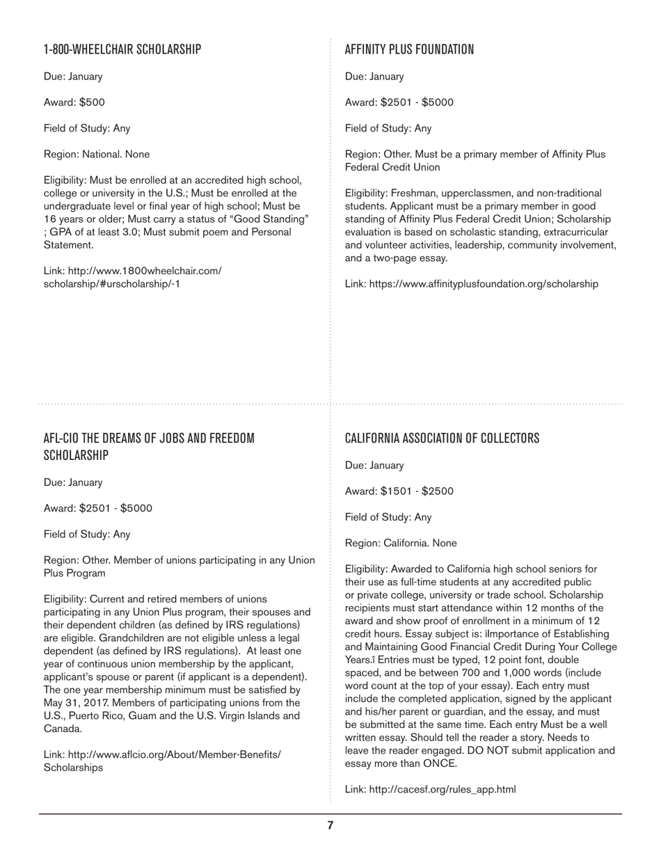 2016-2017 List of Undergraduate Scholarships That Dont Require Proof of U.S. Citizenship or Legal Permanent Residency, Page 7