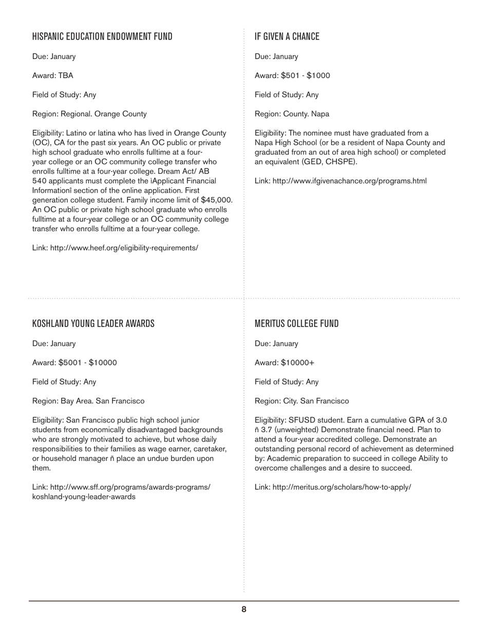 2016-2017 List of Undergraduate Scholarships That Dont Require Proof of U.S. Citizenship or Legal Permanent Residency, Page 8