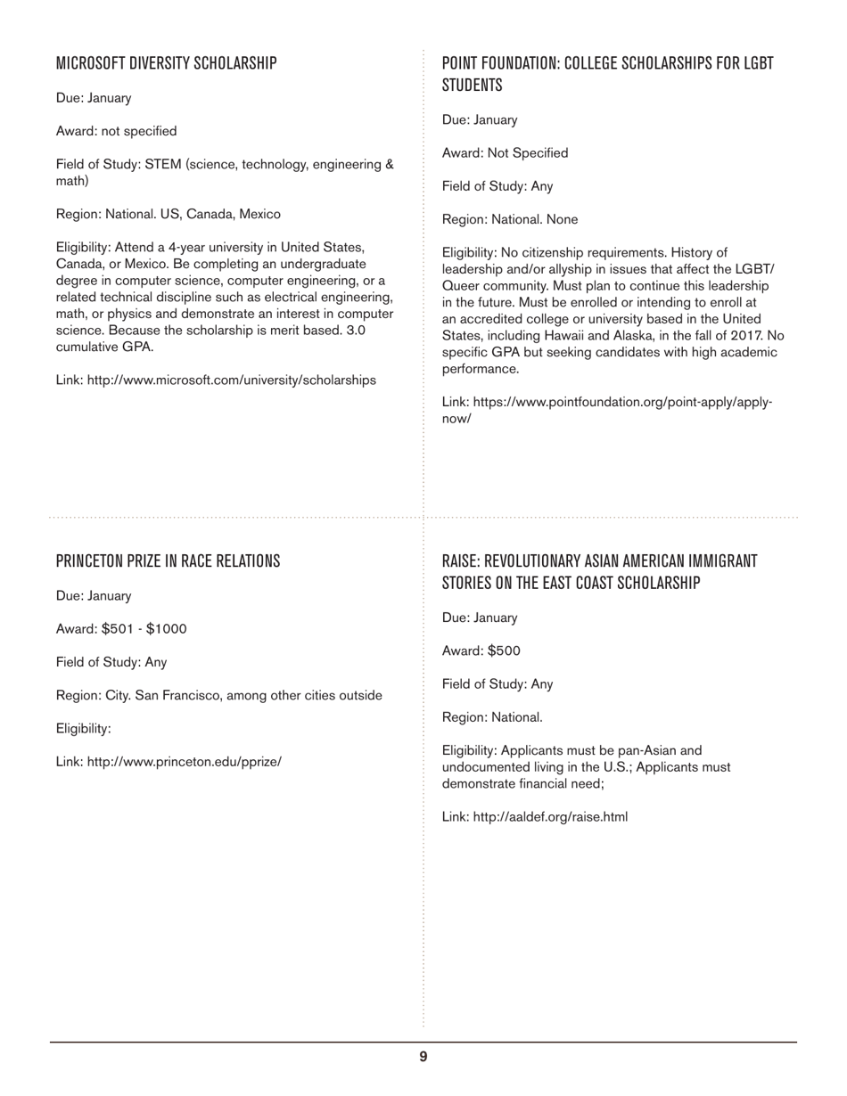 2016-2017 List of Undergraduate Scholarships That Dont Require Proof of U.S. Citizenship or Legal Permanent Residency, Page 9