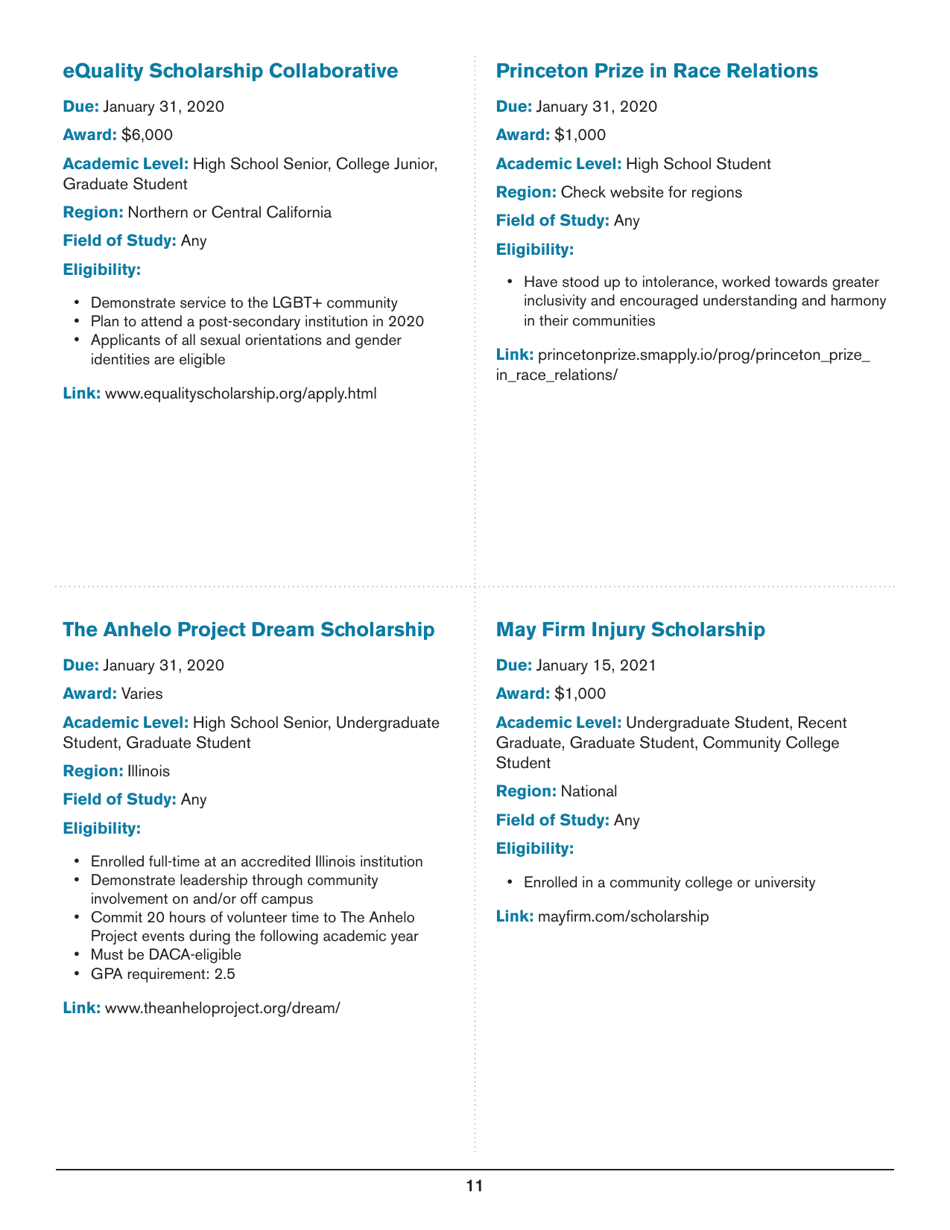 2020 List of Undergraduate Scholarships That Dont Require Proof of U.S. Citizenship or Legal Permanent Residency, Page 11