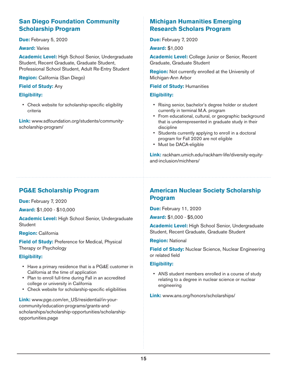 2020 List of Undergraduate Scholarships That Dont Require Proof of U.S. Citizenship or Legal Permanent Residency, Page 15