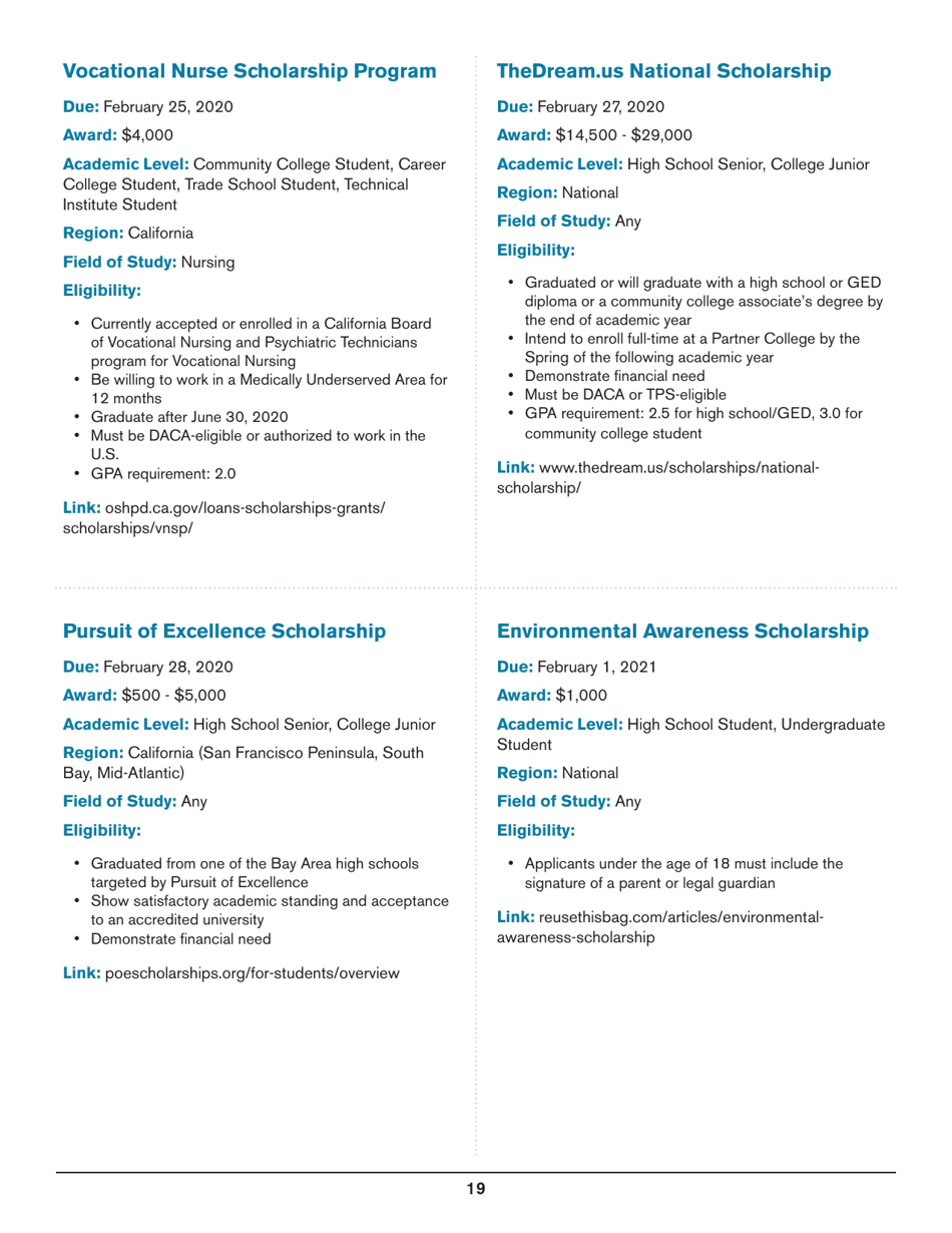 2020 List of Undergraduate Scholarships That Dont Require Proof of U.S. Citizenship or Legal Permanent Residency, Page 19