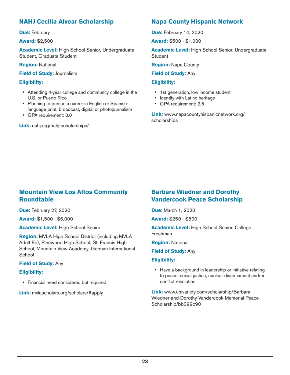 2020 List of Undergraduate Scholarships That Dont Require Proof of U.S. Citizenship or Legal Permanent Residency, Page 23