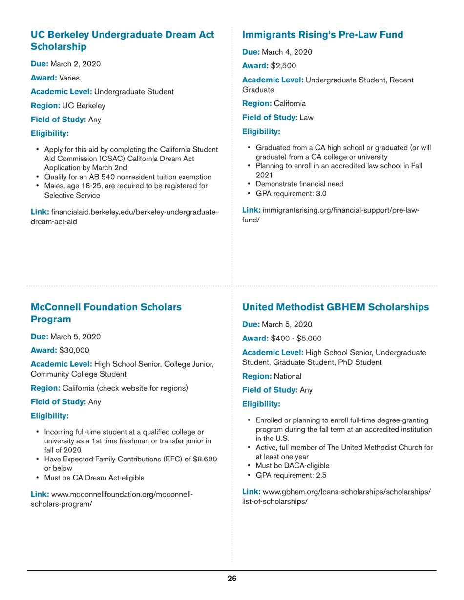 2020 List of Undergraduate Scholarships That Dont Require Proof of U.S. Citizenship or Legal Permanent Residency, Page 26