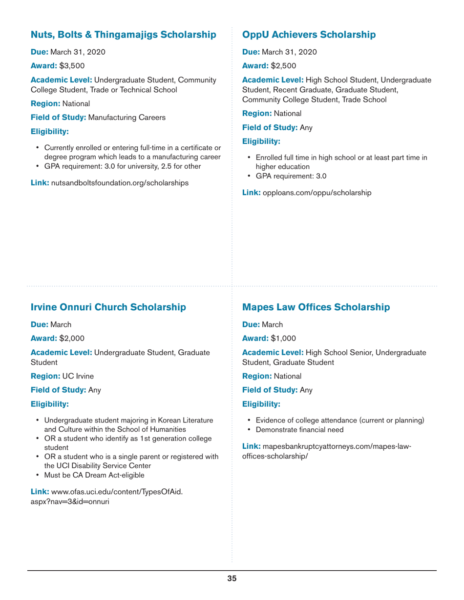 2020 List of Undergraduate Scholarships That Dont Require Proof of U.S. Citizenship or Legal Permanent Residency, Page 35